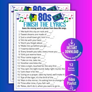 Può includere: Un gioco da festa stampabile a tema anni '80 con il testo "Finish the Lyrics". Il gioco presenta un elenco di testi di canzoni con spazi vuoti da compilare. Il design include note musicali, musicassette e un cubo di Rubik.