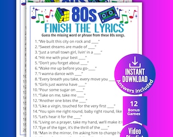 80s Finish the Lyrics Trivia Game, Printable Eighties Music Game for Kids Teens Adults, 1980s Activity, Ideas for Seniors,1980s Trivia Party