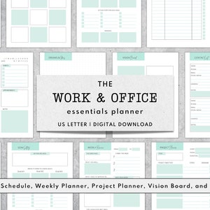 May include: A printable planner set for work and office organization. The set includes a daily schedule, weekly planner, project planner, vision board, and contact list. The pages are in a light blue and white color scheme.
