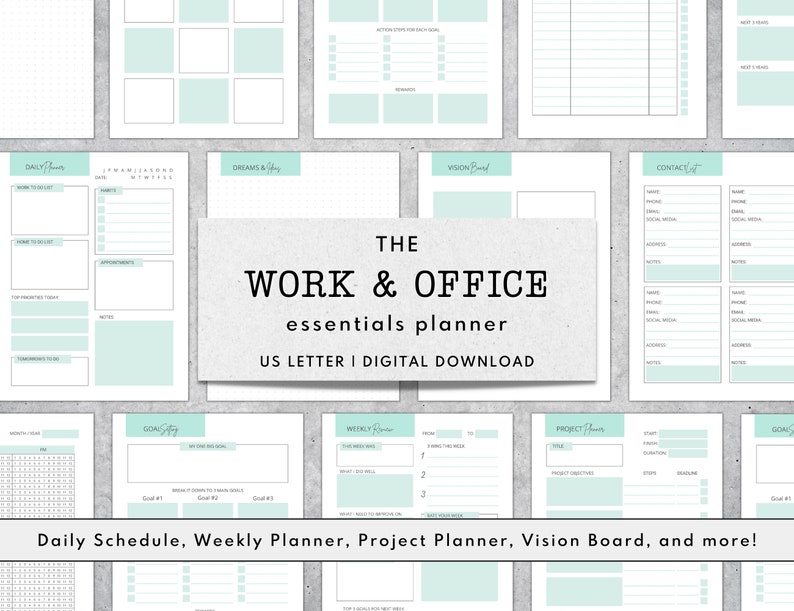 May include: A printable planner set for work and office organization. The set includes a daily schedule, weekly planner, project planner, vision board, and contact list. The pages are in a light blue and white color scheme.