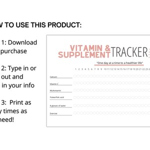 May include: A printable vitamin and supplement tracker with a rainbow design. The tracker includes spaces to log daily intake of calcium, vitamin C, multivitamins, folate/folic acid, 8 glasses of water, and exercise. The text "One day at a time to a healthier life" is included.