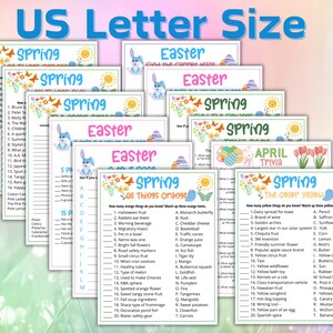 May include: A set of printable game cards featuring spring and Easter themes. The cards include trivia questions and matching games with colorful illustrations of butterflies, flowers, and eggs.