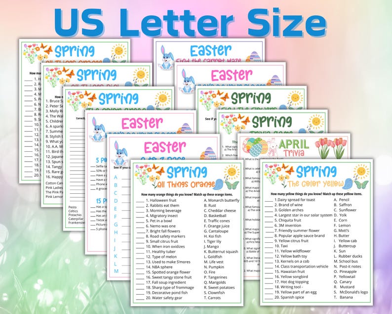 May include: A set of printable game cards featuring spring and Easter themes. The cards include trivia questions and matching games with colorful illustrations of butterflies, flowers, and eggs.