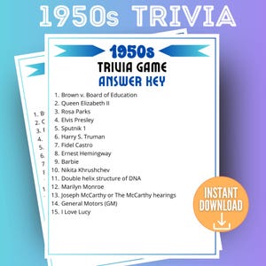 1950er Jahre Jahrzehnt Quiz, Quizfragen, 50er Jahre Quiz, 1960er Jahre Themenparty, Familienspiele, Gesellschaftsspiele für Erwachsene, Geburtstagsidee