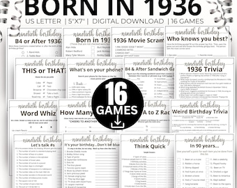 90th Birthday Party Games, Born in 1936 Game, 1936 Birthday Games, 90th Birthday Games Gift, 1936 Trivia Quiz, 1936 Pop Culture Game