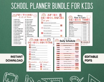 Editable School Planner Kids Printable, Back To School Bundle, Screen Time Chart, Daily Schedule, After School Rules/Before School Checklist