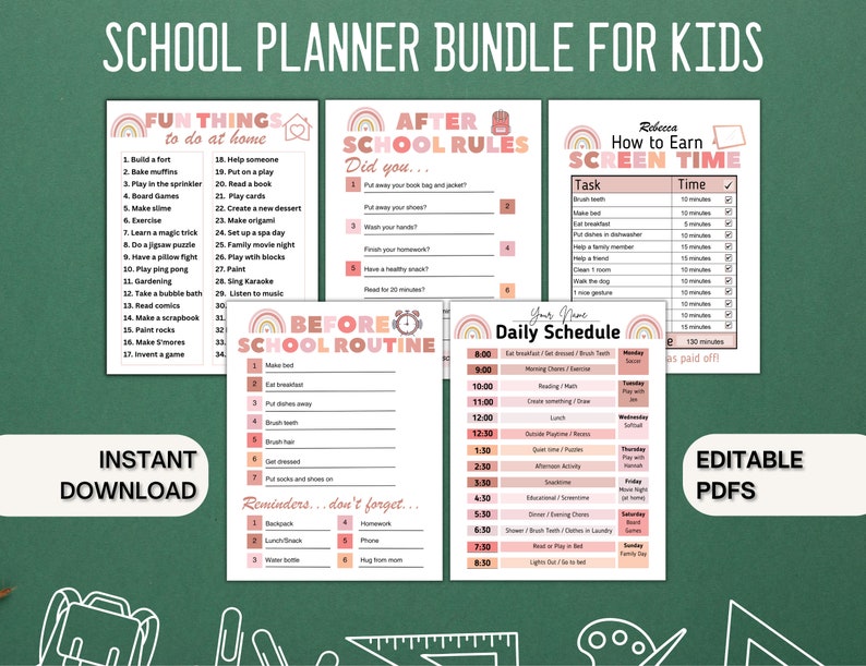School Planner bundle for kids with a daily schedule, fun things to do at home, before and after school routine and How to earn screen time