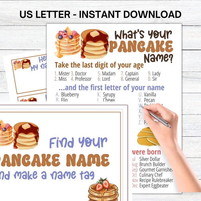 What's Your Pancake Name Game WITH NAMETAGS SIGN, Sleepover Slumber Party Game, Pancake