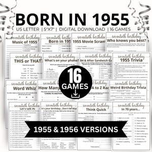 70th Birthday Party Games, Born in 1955 Game, 1955 Birthday Games, 70th Birthday Game Bundle Gift, 1955 Trivia Quiz, 1955 Pop Culture Game