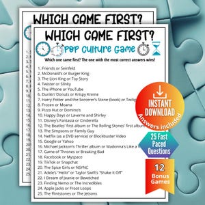 May include: A pop culture game with the title "Which Came First?" features a list of 25 questions. The game includes an instant download, 25 fast-paced questions, and 12 bonus games. The background is a blue jigsaw puzzle.