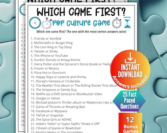 Jeu-questionnaire sur la culture pop, Quiz est venu en premier, Jeu à imprimer pour enfants et adultes, Soirée cinéma jeux en famille, Fun party de bureau, Quiz musical pour la télévision