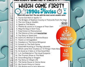Juego de preguntas y respuestas sobre la cultura pop del cine de los 90, concurso "¿Cuál fue primero?", juego imprimible para adultos y personas mayores, noche de juegos en familia, diversión para fiestas de oficina, concurso de películas.