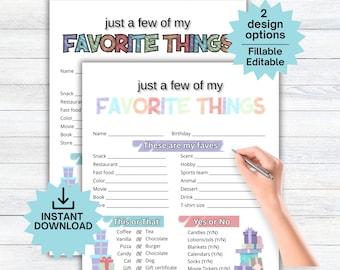 Favorite Things List Survey Questionnaire, Get to Know You Form ...