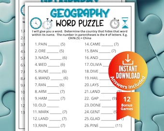 Geography Word Puzzle, Pop Culture Trivia Game,Country Brainteaser Quiz,Printable Game for Teens & Adults,Family Game Night,Office Party Fun