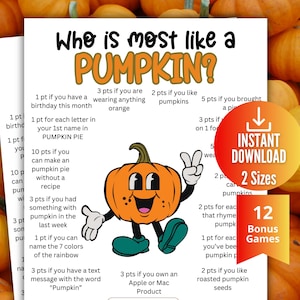 Puede incluir: Una hoja de juego imprimible titulada "¿Quién se parece más a una calabaza?" presenta un personaje de calabaza de dibujos animados y varios desafíos basados en puntos. La hoja incluye el texto "Descarga instantánea" y "12 juegos de bonificación".