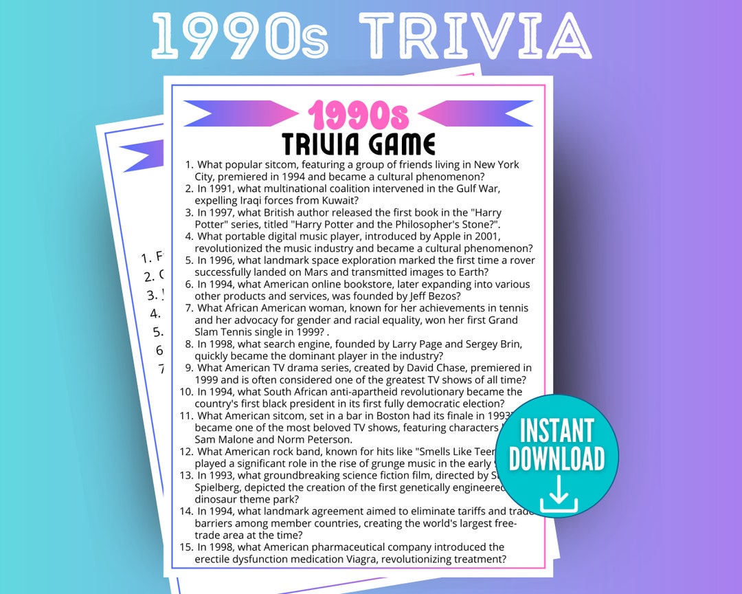 1990s Decade Trivia Game, Trivia Questions, 90s Trivia Quiz, 1990s ...