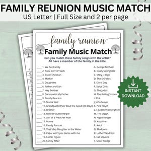 Family Reunion Music Trivia Game, Song Match Up, Famous Family Songs Game, Reunion Party Games, Reunion Icebreaker Games, Printable Games