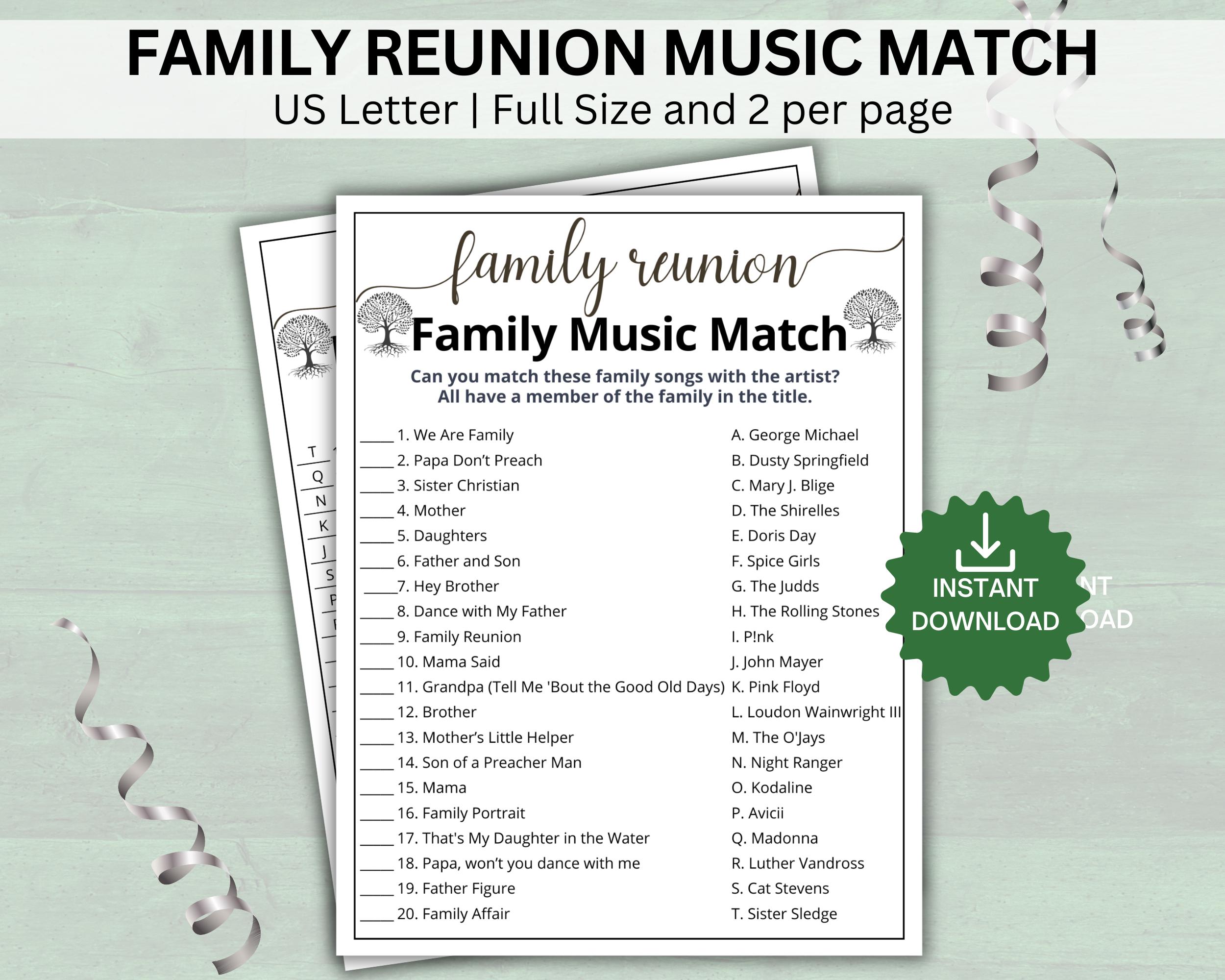 Family Reunion Music Trivia Game, Song Match Up, Famous Family Songs Game, Reunion Party Games, Reunion Icebreaker Games, Printable Games