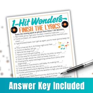 May include: A printed game sheet titled 1-Hit Wonders FINISH THE LYRICS featuring a list of 15 song lyric fill-in-the-blank questions, decorated with two vinyl record icons and musical notes, accompanied by a silver and black ballpoint pen.