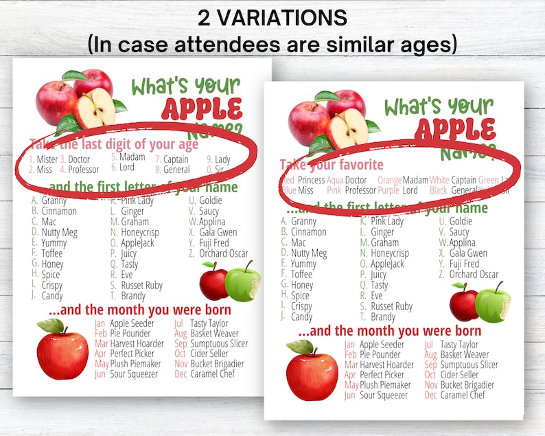 Op de afbeelding: Twee printbare spelkaarten met rode appel-illustraties. De kaarten bevatten een spel genaamd "Wat is je appelnaam?" met instructies om de laatste cijfer van je leeftijd en de eerste letter van je naam te nemen om je appelnaam te vinden. De kaarten bevatten ook een tweede spel genaamd "Kies je favoriet" met instructies om je favoriete kleur te kiezen en je appelnaam te vinden.