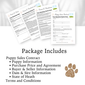 May include: A stack of white paper documents with text, including "Terms & Conditions" and "Puppy Sales Contract." The documents have paw print and landscape graphics. The text "Package Includes" is below the documents.