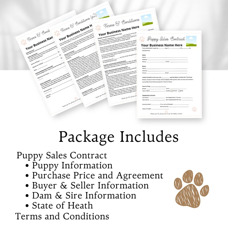 May include: A stack of white paper documents with text, including "Terms & Conditions" and "Puppy Sales Contract." The documents have paw print and landscape graphics. The text "Package Includes" is below the documents.