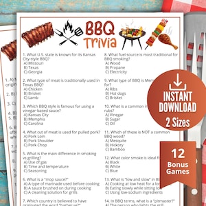 May include: A printable BBQ trivia game with questions about grilling, smoking, and barbecue styles. The design features images of ribs, a grill, and other BBQ-related items. Includes "Instant Download" and "2 Sizes" text.