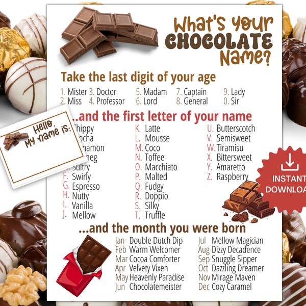 What's Your Chocolate Name Game WITH NAMETAGS + SIGN, Chocolate Party Game, Chocolate Bar Activity, Easter Spring Name Generator