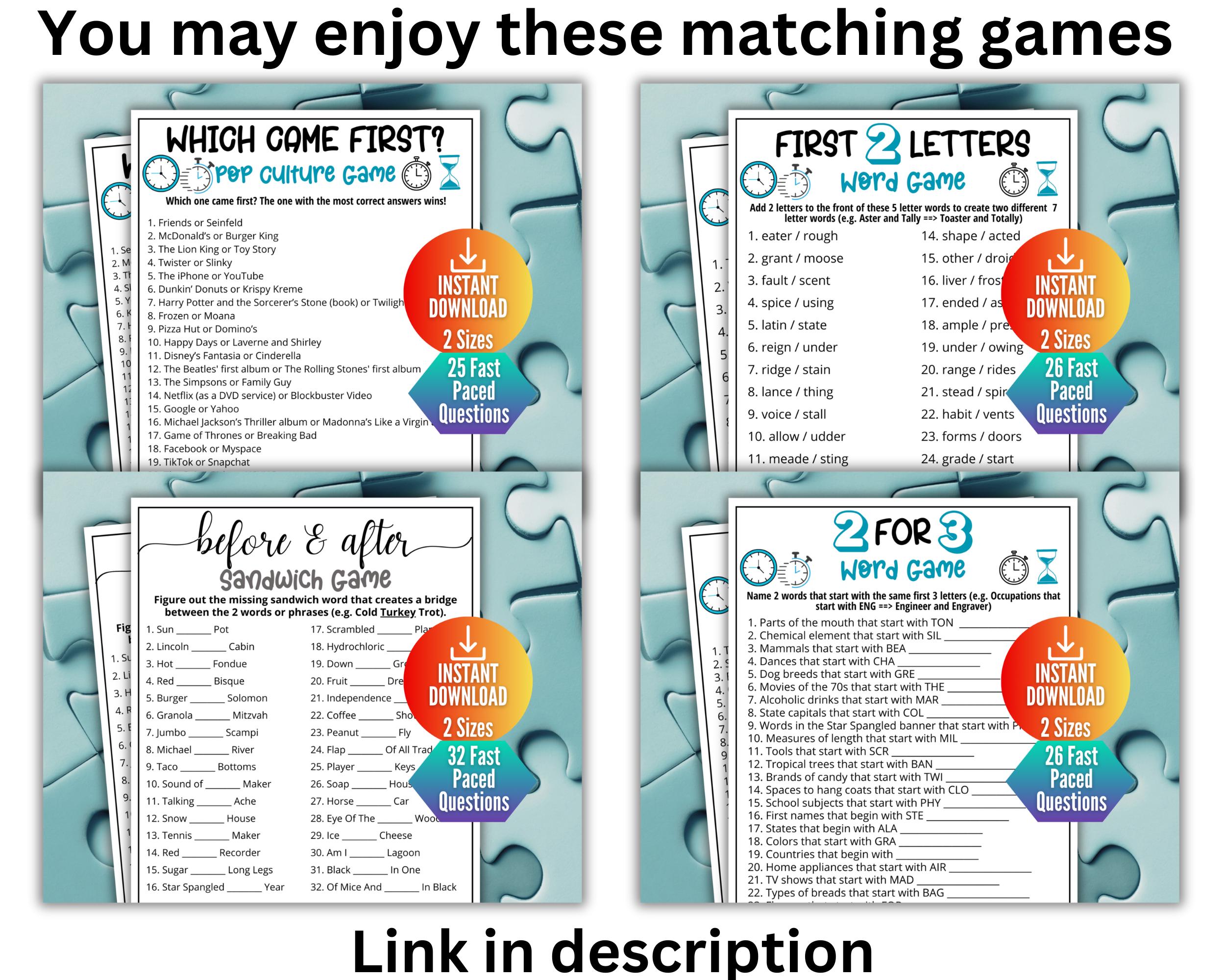 Pop Culture Trivia Game, 3 of a Kind Word Quiz,printable Game for Kids ...