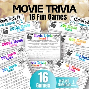 May include: A collection of movie trivia game sheets with various film eras, including the 2010s, 2000s, 90s, 80s, 70s, 60s, 50s, and 40s. The sheets feature questions and answers, with the text "Movie Trivia" and "16 Fun Games".