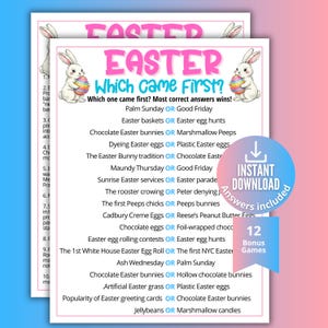 Juego "¿Qué llegó primero en Pascua?", Trivia divertida de Pascua, Juegos para celebrar la Pascua, Juegos para el Domingo de Pascua, Juego imprimible para fiestas de Pascua, Día de juegos en familia