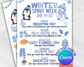 Folleto personalizable de la Semana del Espíritu Escolar de Invierno, calendario de la PTO, itinerario de enero, PTA de invierno acogedor, editable en Canva, eventos del boletín de invierno