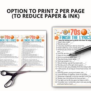 May include: A white sheet of paper with two printed game sheets titled "70s Finish the Lyrics." Each sheet has a colorful 70s theme with song lyrics to complete. A pair of scissors and a pen are also in the image.