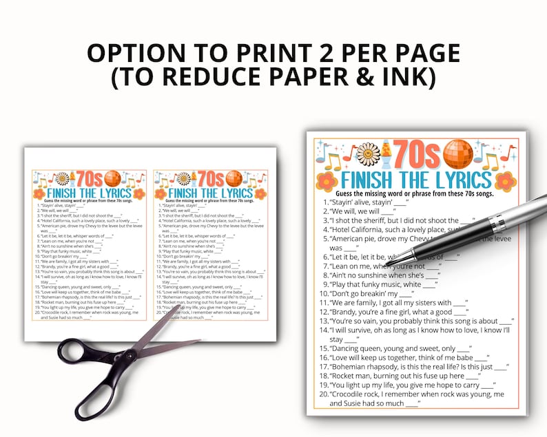 May include: A white sheet of paper with two printed game sheets titled "70s Finish the Lyrics." Each sheet has a colorful 70s theme with song lyrics to complete. A pair of scissors and a pen are also in the image.