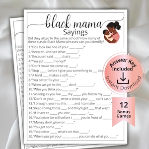 Trivia de frases de mamás afroamericanas para baby showers, juego de frases de mamás afroamericanas, juego para futuras mamás afroamericanas, juego para el Día de la Madre, actividad para mamás afroamericanas