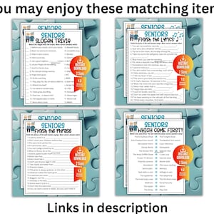 K&ouml;nnte beinhalten: Vier druckbare Spielbl&auml;tter f&uuml;r Senioren mit Slogan Trivia, Finish the Lyrics, Finish the Phrase und Which Came First. Jedes wei&szlig;e Blatt hat blaue &Uuml;berschriften, Illustrationen von &auml;lteren Menschen und orangefarbene runde Abzeichen.