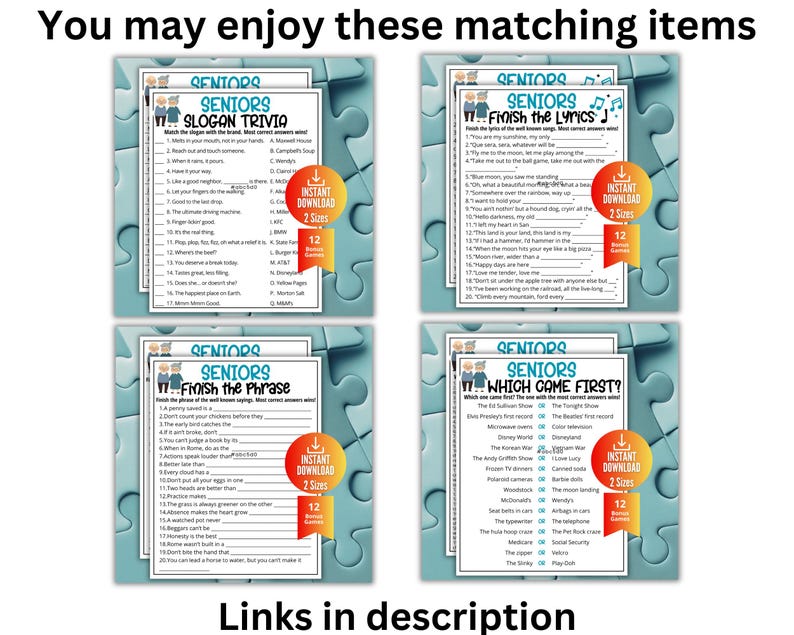 K&ouml;nnte beinhalten: Vier druckbare Spielbl&auml;tter f&uuml;r Senioren mit Slogan Trivia, Finish the Lyrics, Finish the Phrase und Which Came First. Jedes wei&szlig;e Blatt hat blaue &Uuml;berschriften, Illustrationen von &auml;lteren Menschen und orangefarbene runde Abzeichen.