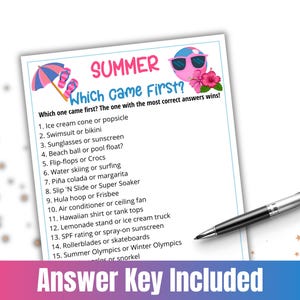 Juego de preguntas y respuestas de verano, cuestionario sobre qué llegó primero en las vacaciones de verano, juego para fiestas de oficina en verano, noche de juegos familiares de vacaciones, cuestionario imprimible para fiestas imagen 4
