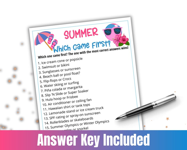 Juego de preguntas y respuestas de verano, cuestionario sobre qué llegó primero en las vacaciones de verano, juego para fiestas de oficina en verano, noche de juegos familiares de vacaciones, cuestionario imprimible para fiestas imagen 4