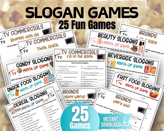 Slogan Game Bundle, TV Commercial Quiz, Cereal Slogans, Pop Culture Games for Kids&Adults, Family Game Night, Office Party, TV Show Party