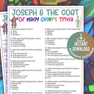 May include: A trivia game sheet titled "Joseph & The Coat Of Many Colors Trivia" with multiple-choice questions. The sheet has a colorful design with illustrations of Joseph. Includes "Instant Download Answers Included" text.