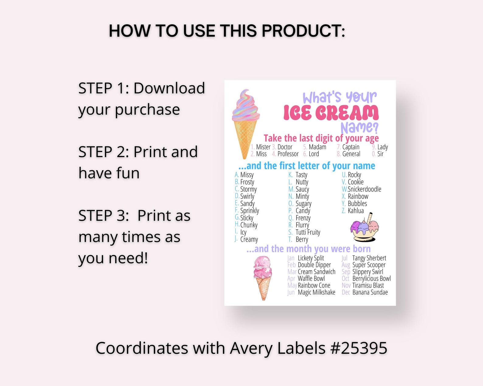 What's Your Ice Cream Name Game WITH NAMETAGS + SIGN, Ice Cream Party ...