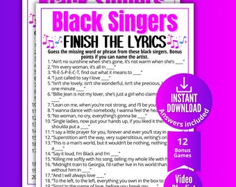 May include: A printable game sheet titled Black Singers Finish The Lyrics featuring twenty numbered musical prompts. The white paper includes pink musical note icons and a purple circular badge stating Instant Download, Answers Included, 12 Bonus Games.