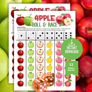 May include: A printable Apple Roll & Race game sheet featuring columns of red, green, and yellow apple illustrations paired with dice face icons. The game instructions are printed at the top, and two translucent orange dice are placed at the bottom.