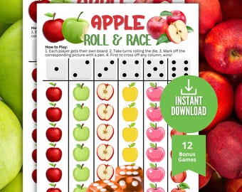 Apple Roll & Race Game,Fall Apple Picking Party Game,Dice Game,Autumn Apple Pie Baking Game for kids, families. Seniors,October Daycare Game