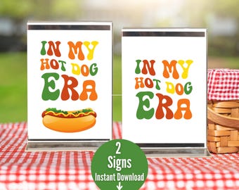 Letrero "En mi era de perritos calientes", divertido letrero imprimible de perritos calientes, bonito póster retro de barbacoa, actividad de barbacoa para baby shower, diversión para fiestas de oficina, idea para el 4 de julio
