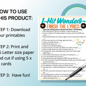 May include: A printable 1-Hit Wonders Finish the Lyrics game card featuring twenty song lyric prompts with missing words. The card includes black text, vinyl record icons, and colorful musical notes. A silver pen rests on the bottom right corner.