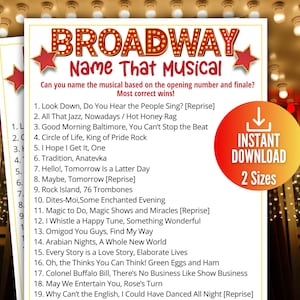 May include: A Broadway Name That Musical trivia game card featuring a red marquee-style title, two red stars, and a numbered list of nineteen musical theatre song pairs. A circular orange badge with a white download icon and text reads Instant Download 2 Sizes.