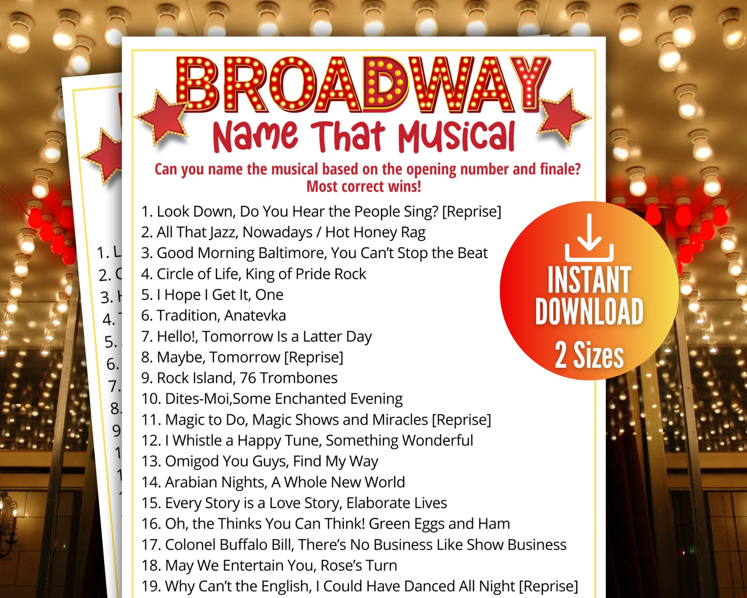 Name That Broadway Musical Game,Musical Theater Song Trivia,Broadway Melodies Quiz,Opening Numbers + Finales,Song Tunes,Broadway Fan Gift