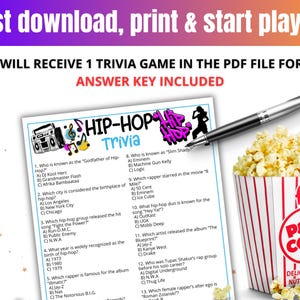 May include: A trivia game sheet with the title "Hip-Hop Trivia" is displayed, along with a pen and a container of popcorn. The text "Just download, print & start playing" is at the top. The popcorn container has the words "fresh" and "Pop Corn" on it.